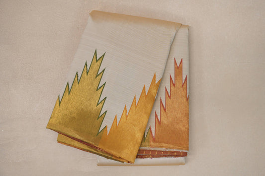 Dual Tone of Cream and Olive Green Vintage Kanjivaram Silk Saree