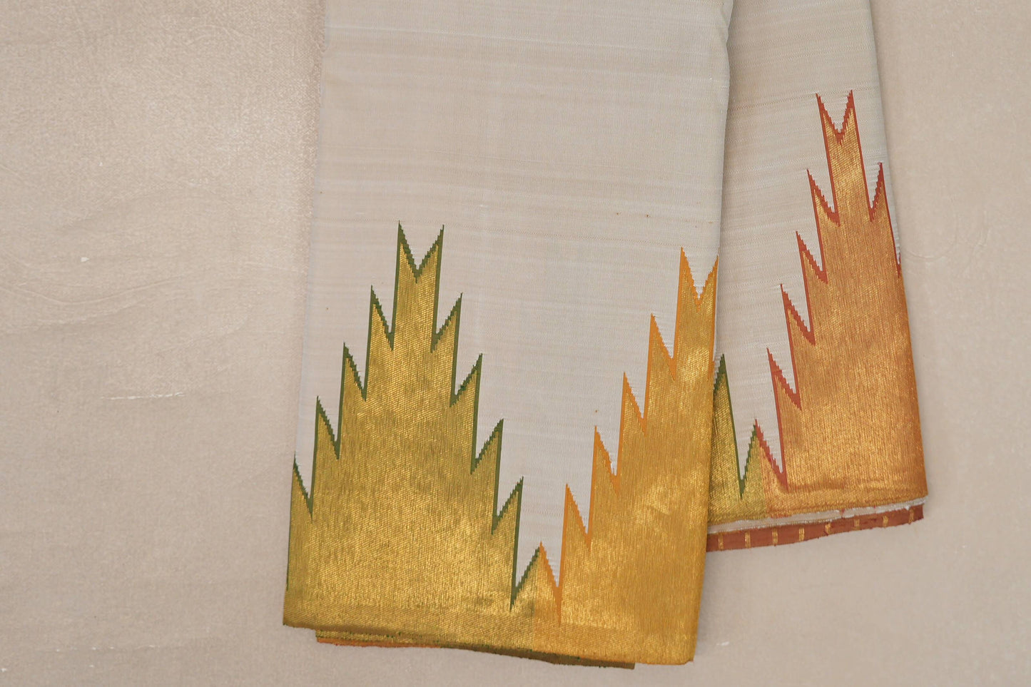 Dual Tone of Cream and Olive Green Vintage Kanjivaram Silk Saree temple border