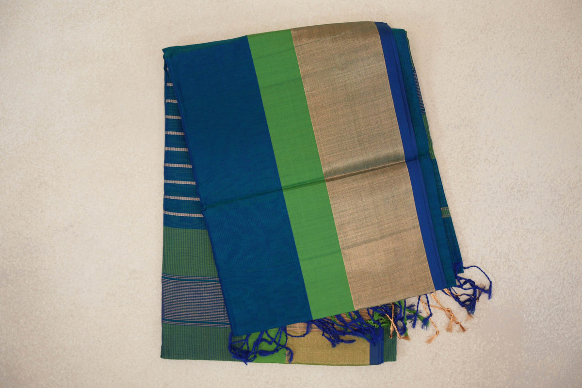 Peacock Blue with Parrot Green Borders with Royal Blue Selvedge Maheshwari Silk Cotton Saree by Shreenivas Silks PSSR0110639