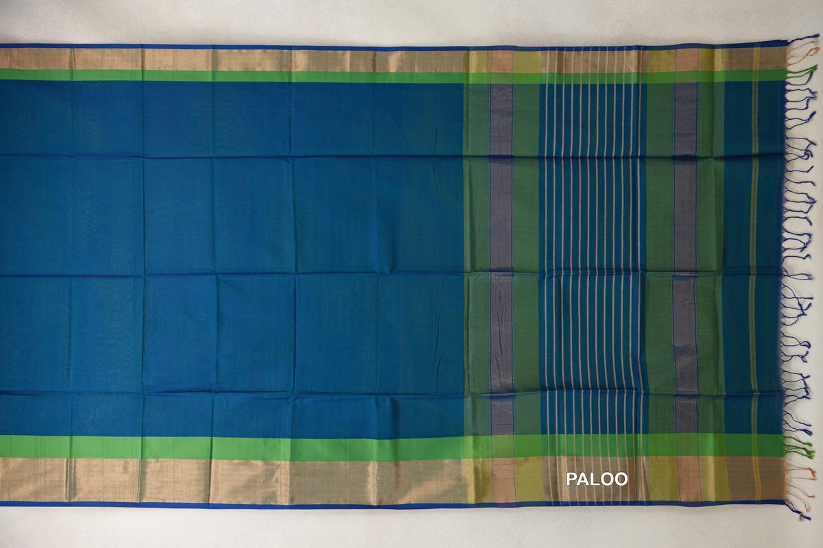 Peacock Blue with Parrot Green Borders with Royal Blue Selvedge Maheshwari Silk Cotton Saree by Shreenivas Silks PSSR0110639