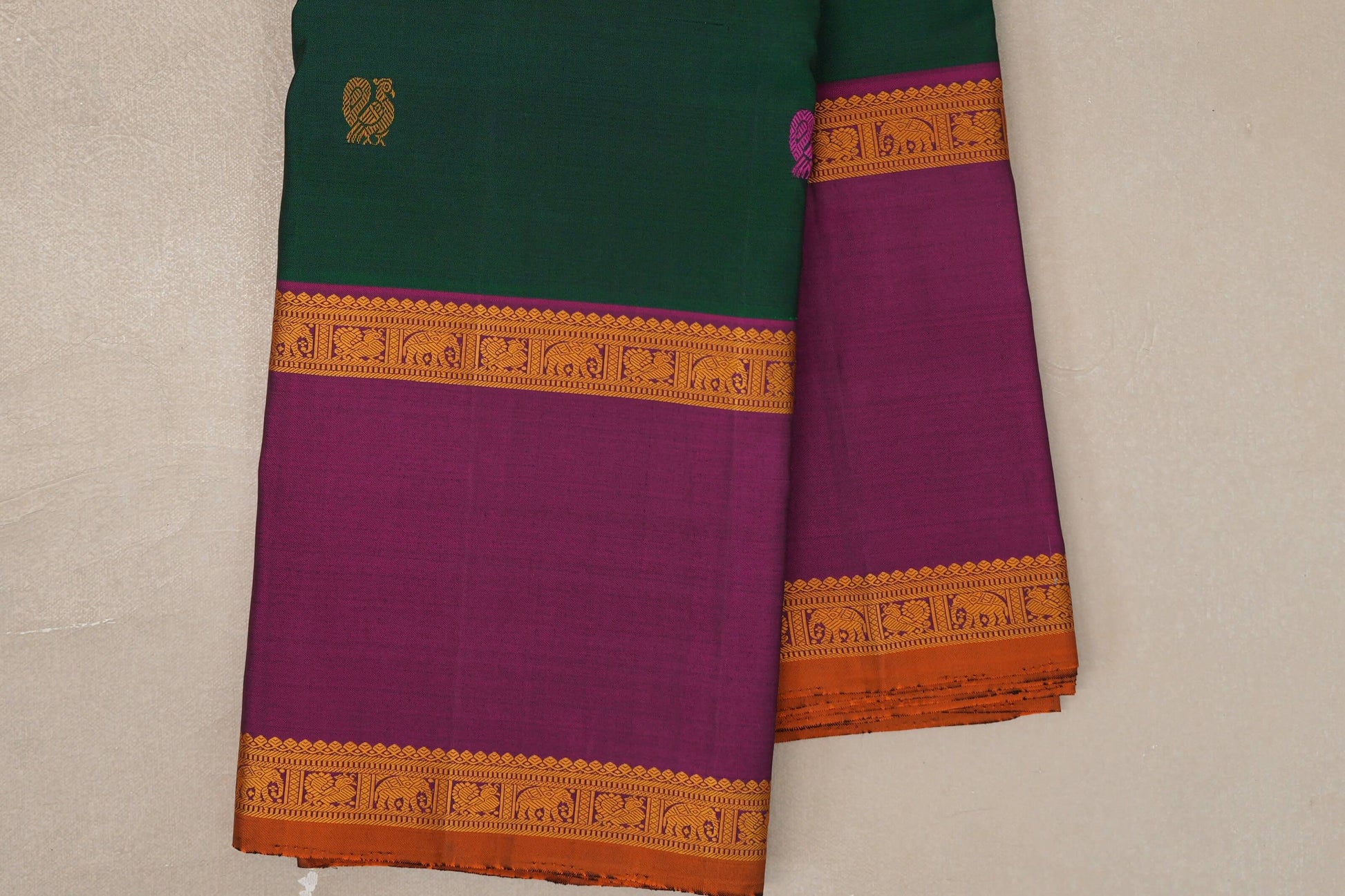 Forest Green Vintage Kanjivaram Silk Saree rettai pettu border