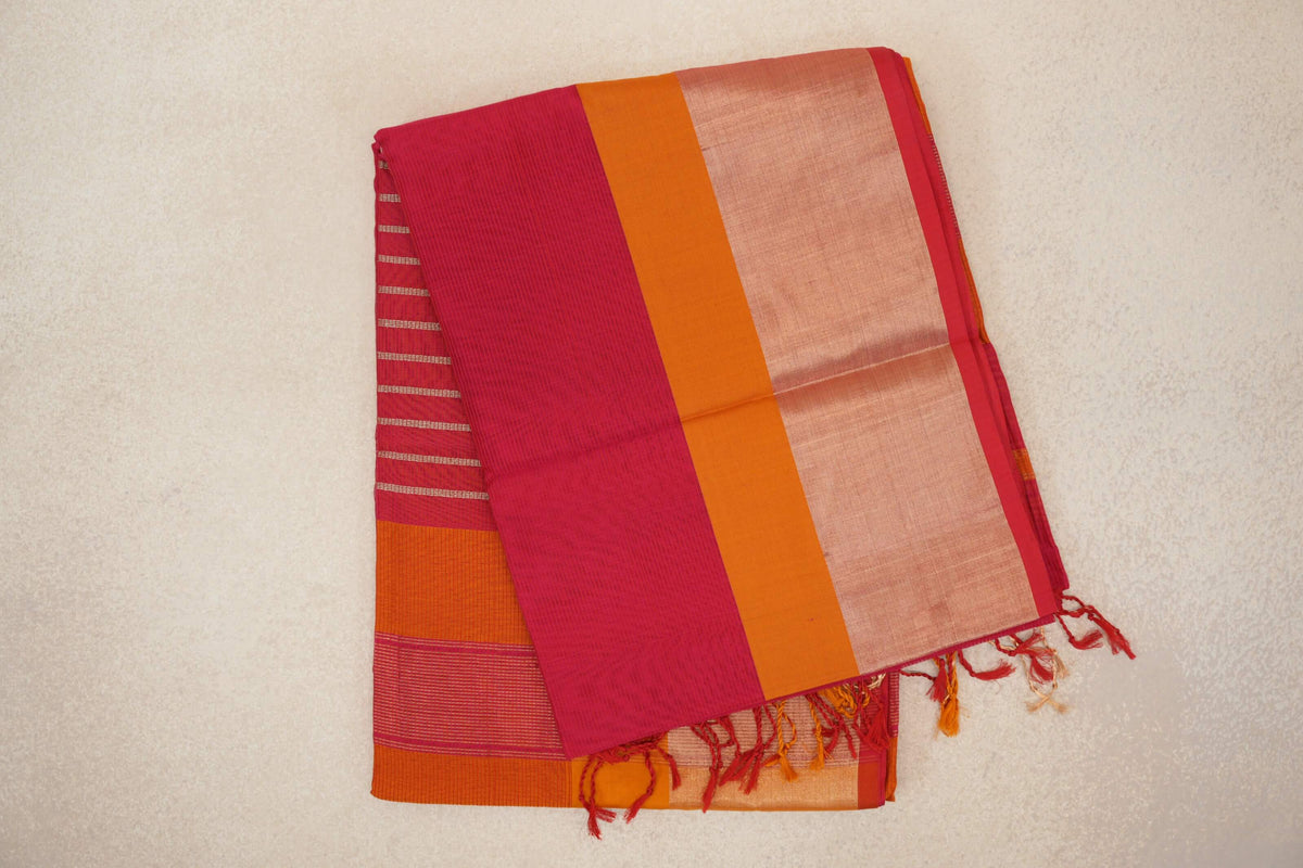 Deep Rani Pink with Deep Orange Borders with Pinkish Red Selvedge Maheshwari Silk Cotton Saree by Shreenivas Silks PSSR0110640