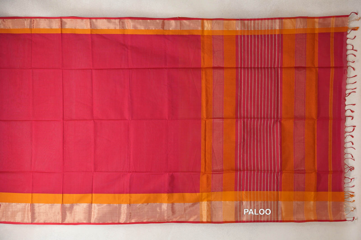 Deep Rani Pink with Deep Orange Borders with Pinkish Red Selvedge Maheshwari Silk Cotton Saree by Shreenivas Silks PSSR0110640