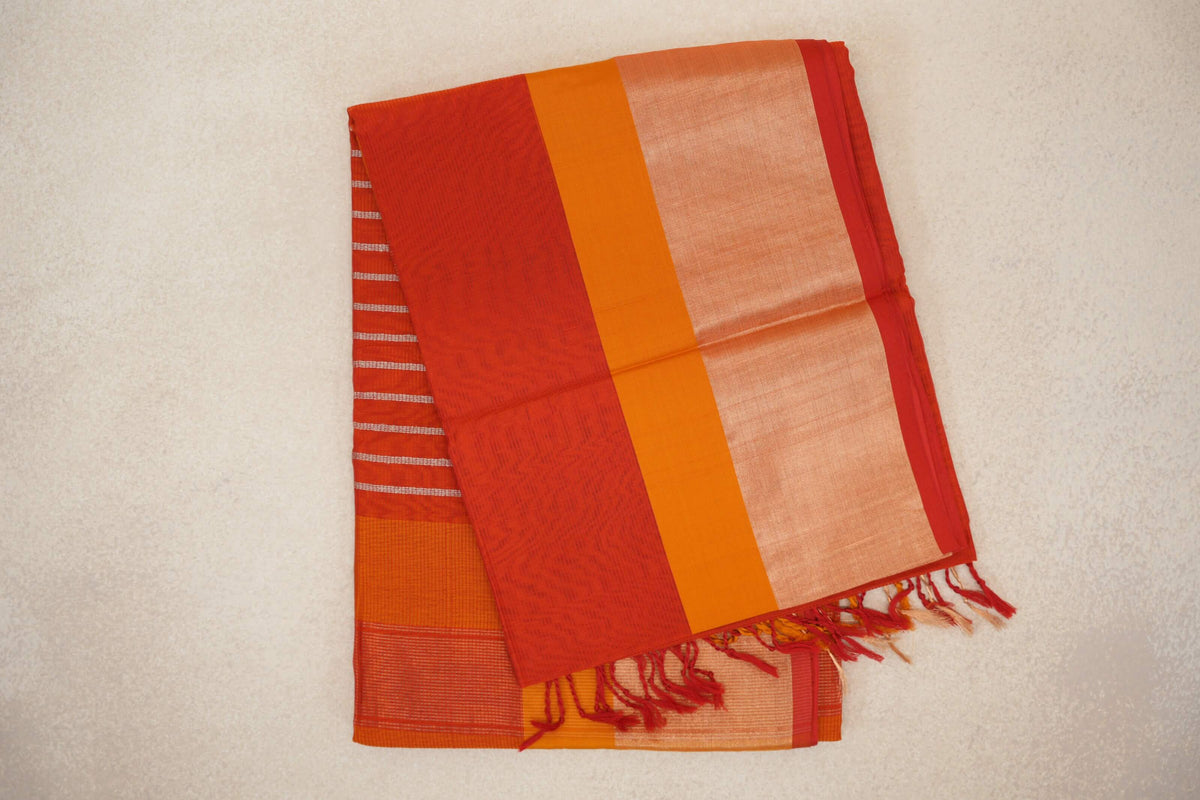 Tomato Red with Mustard Orange Borders with Red Selvedge Maheshwari Silk Cotton Saree by Shreenivas Silks PSSR0110641