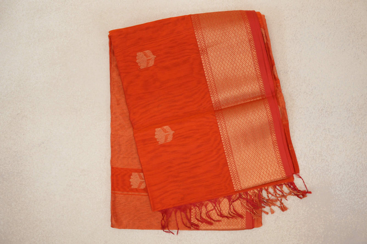 Reddish Orange with Red Selvedge Maheshwari Silk Cotton Saree by Shreenivas Silks PSSR0110643