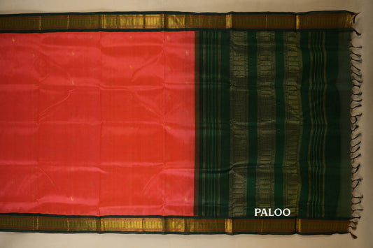 Peach Pink with Bottle Green Borders Silk Cotton Saree Saree by Shreenivas Silks PSSR018390