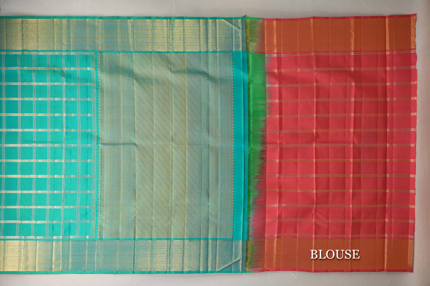 Dual Tone Aqua Blue and Parrot Green Vintage Kanjivaram Silk Saree blouse