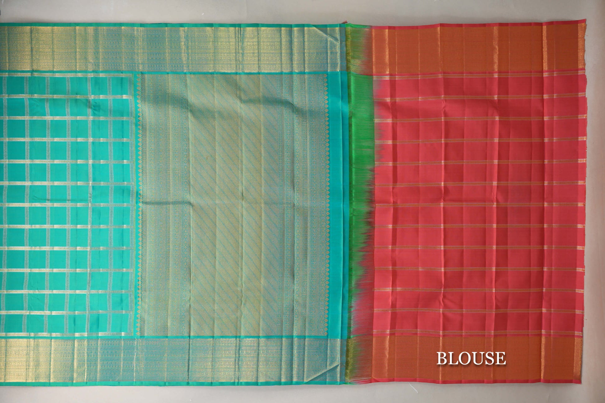 Dual Tone Aqua Blue and Parrot Green Vintage Kanjivaram Silk Saree blouse
