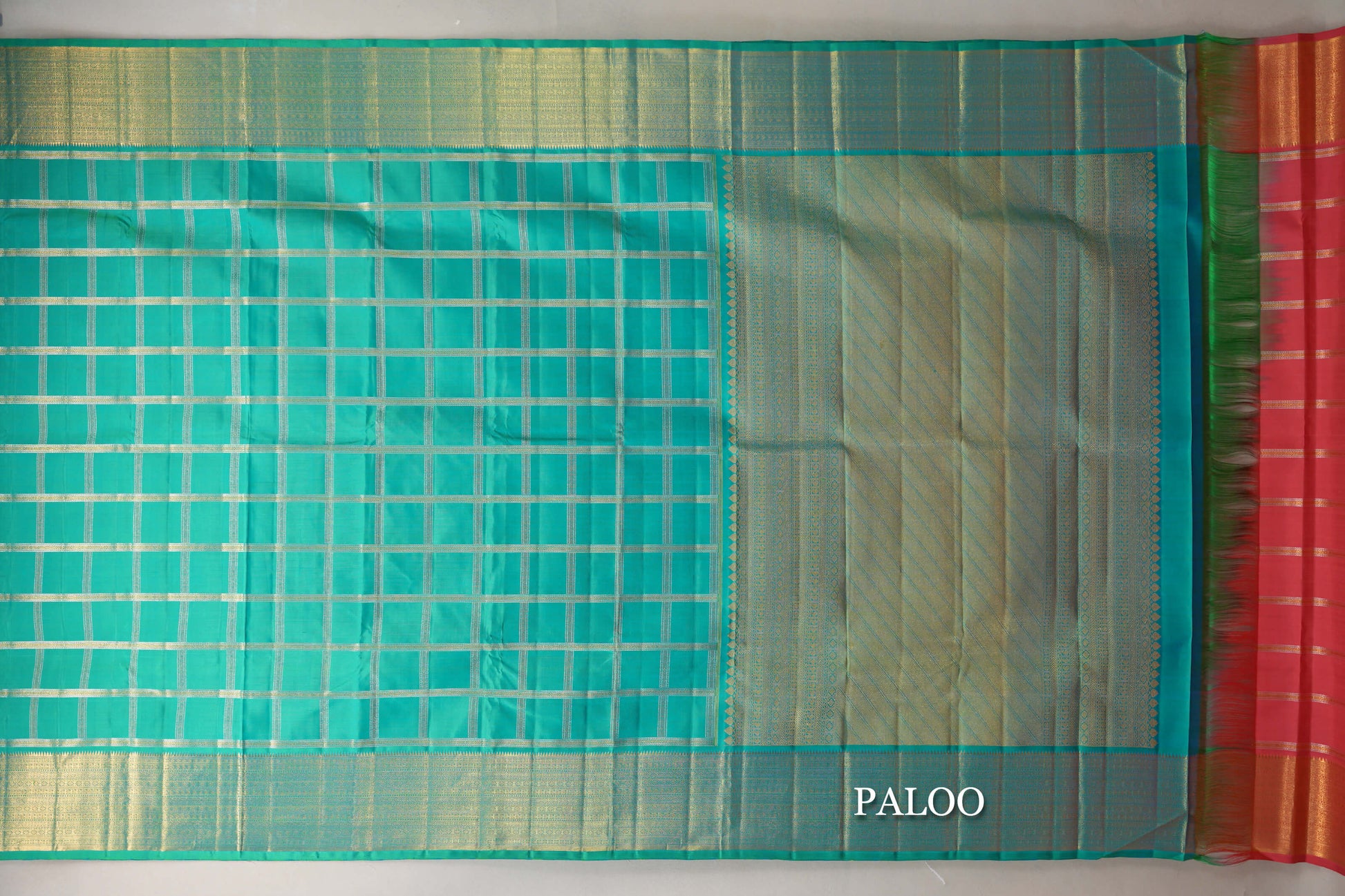 Dual Tone Aqua Blue and Parrot Green Vintage Kanjivaram Silk Saree paloo
