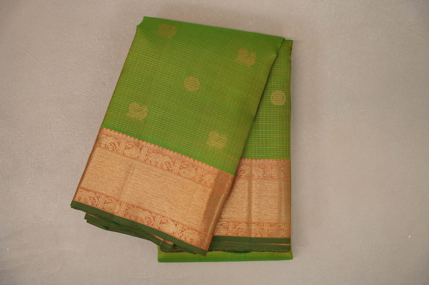 folded Dual Tone of Parrot Green and Yellow Vintage Heirloom Kanjivaram Silk Saree