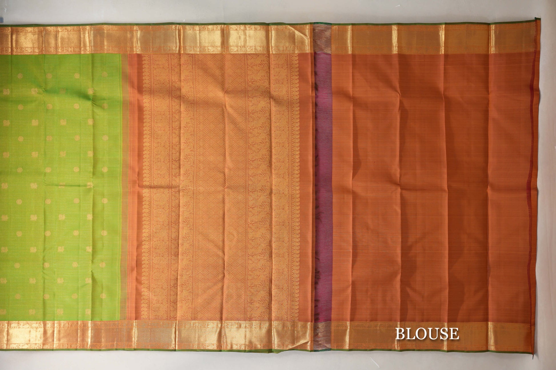 Dual Tone of Parrot Green and Yellow Vintage Heirloom Kanjivaram Silk Saree blouse