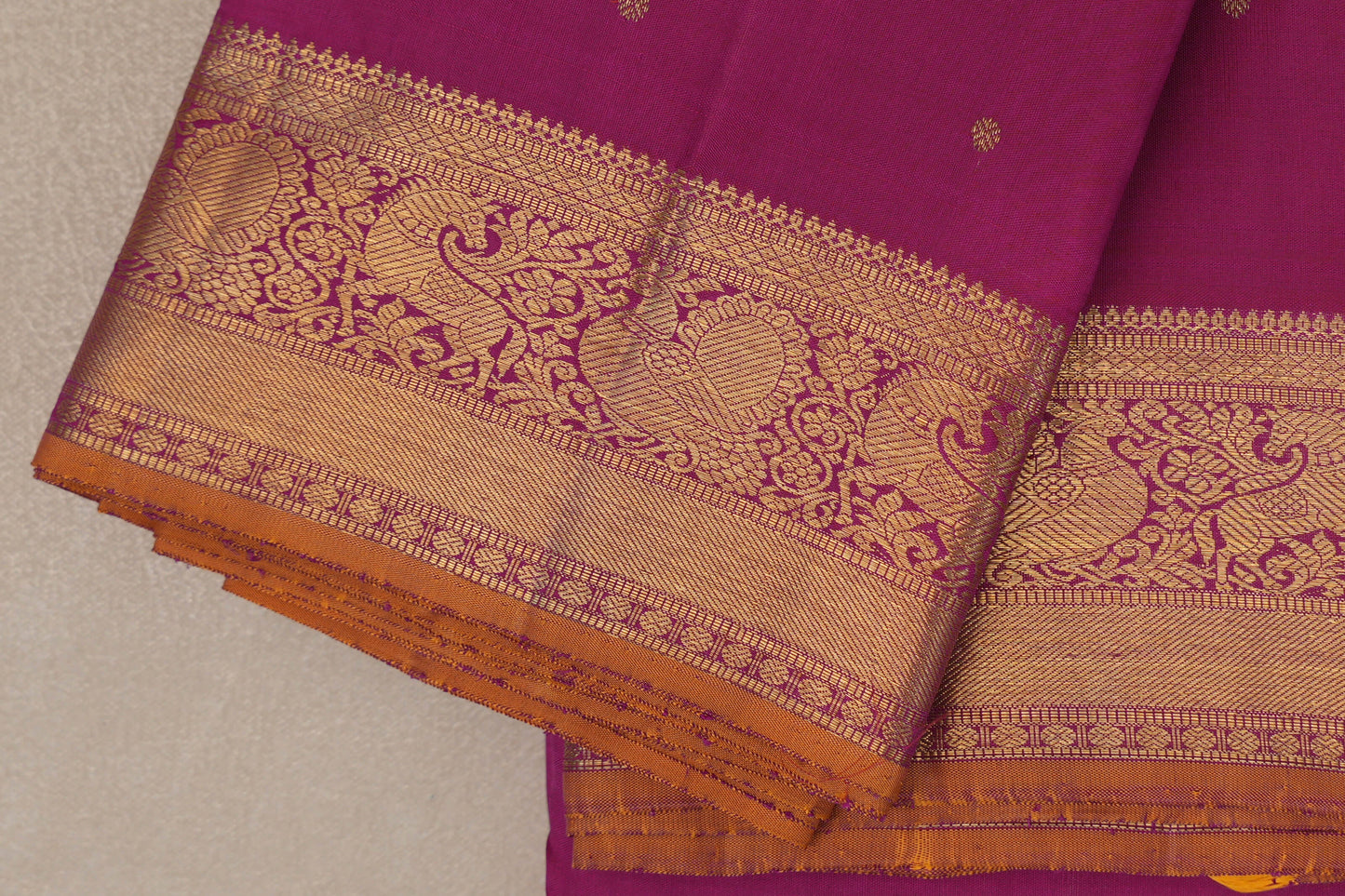 Rani Pink with Mustard Yellow Selvedge Vintage Heirloom Kanjivaram Silk Saree border zoom