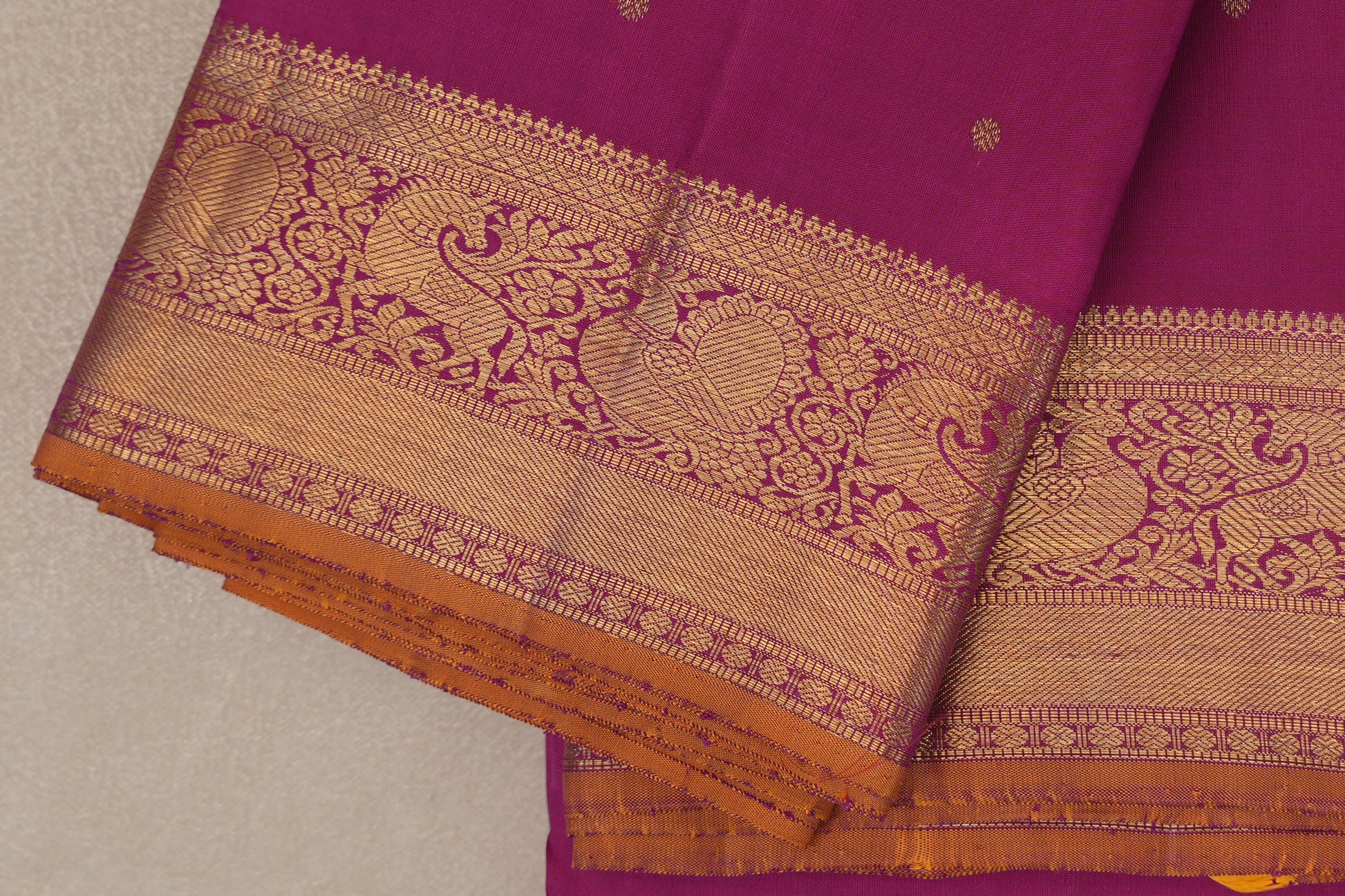 Rani Pink with Mustard Yellow Selvedge Vintage Heirloom Kanjivaram Silk Saree border zoom