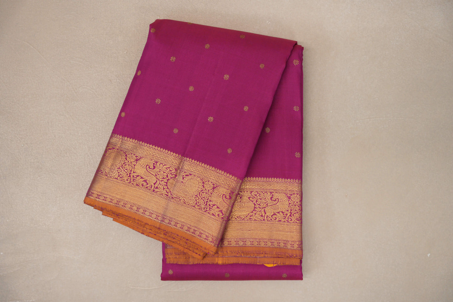 folded Rani Pink with Mustard Yellow Selvedge Vintage Heirloom Kanjivaram Silk Saree 
