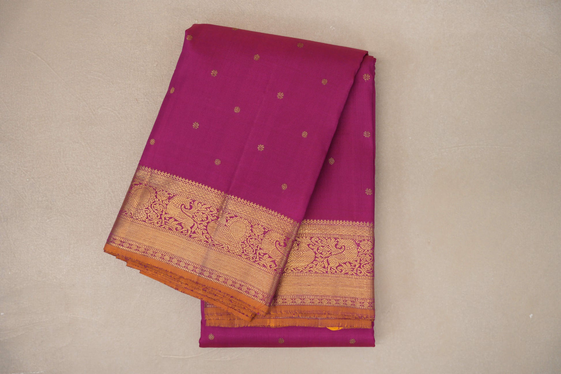 folded Rani Pink with Mustard Yellow Selvedge Vintage Heirloom Kanjivaram Silk Saree 