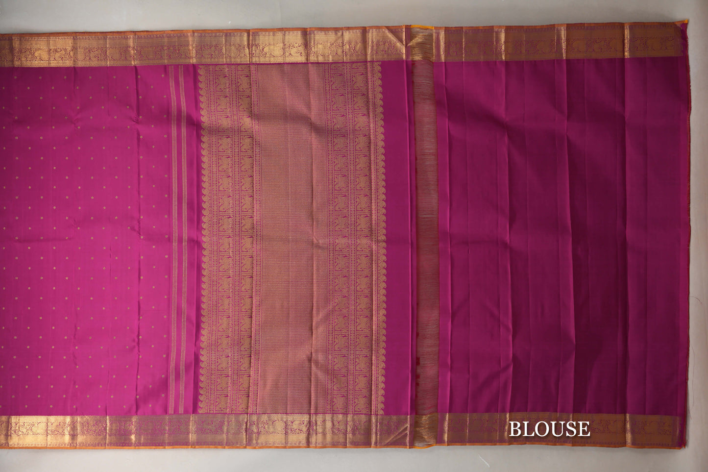 Rani Pink with Mustard Yellow Selvedge Vintage Heirloom Kanjivaram Silk Saree blouse