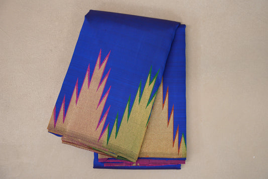 Royal Blue with Multicolor Temple Borders Vintage Kanjivaram Silk Saree folded 