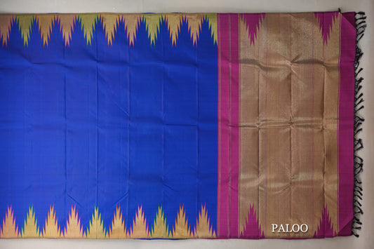 Royal Blue with Multicolor Temple Borders Vintage Kanjivaram Silk Saree paloo