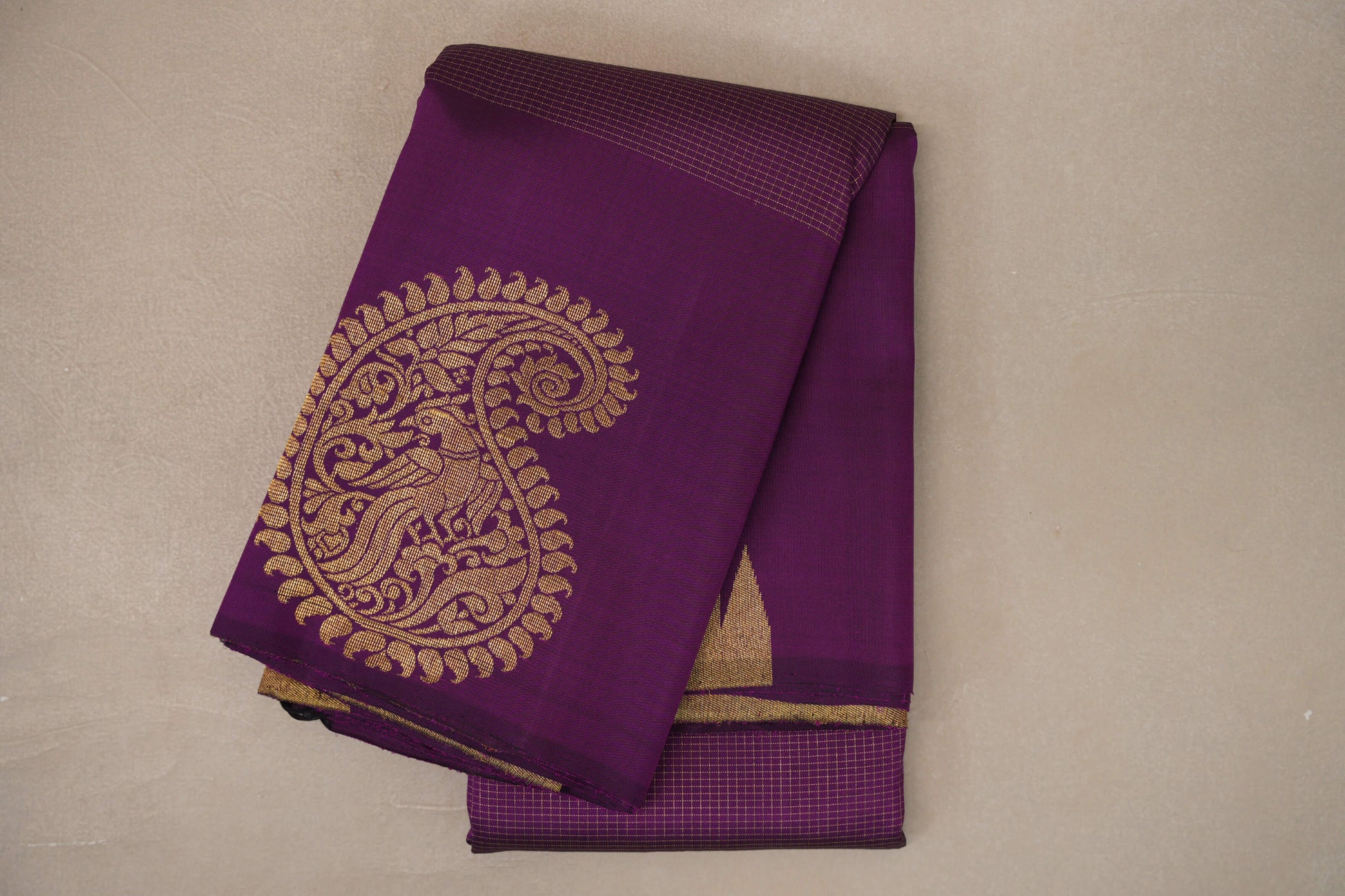folded Dark Purple Temple Borders Vintage Kanjivaram Silk Saree 