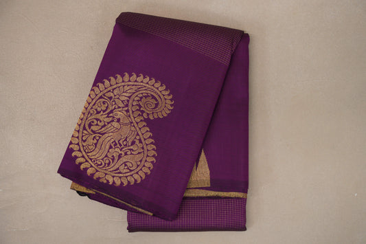 folded Dark Purple Temple Borders Vintage Kanjivaram Silk Saree 