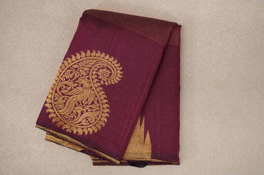 folded Deep Maroon Temple Borders Vintage Kanjivaram Silk Saree 