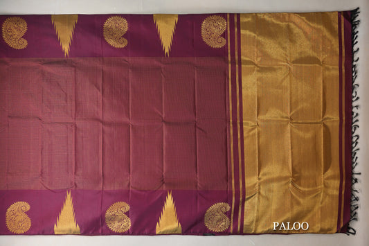 Deep Maroon Temple Borders Vintage Kanjivaram Silk Saree paloo