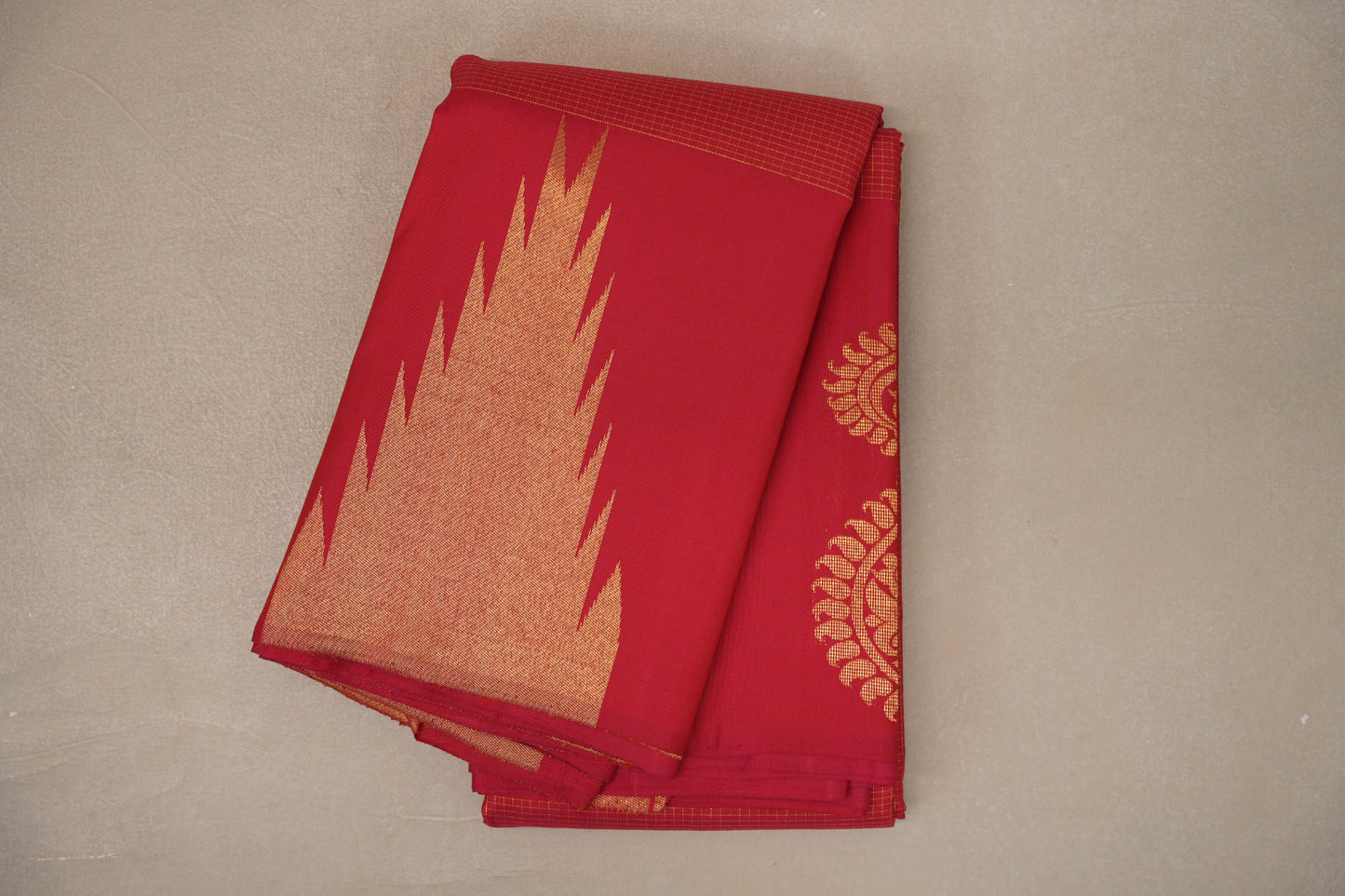 folded Pinkish Red Temple Borders Vintage Kanjivaram Silk Saree