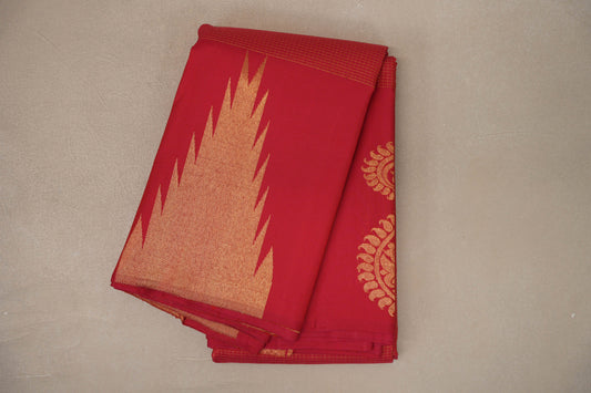 folded Pinkish Red Temple Borders Vintage Kanjivaram Silk Saree