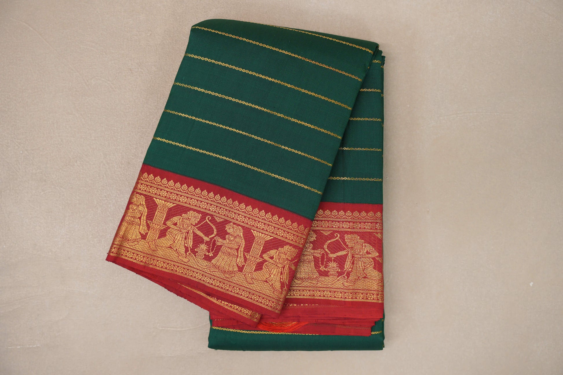 folded Deep Green with Crimson Red Vintage Kanjivaram Silk Saree 