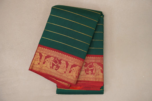 folded Deep Green with Crimson Red Vintage Kanjivaram Silk Saree 