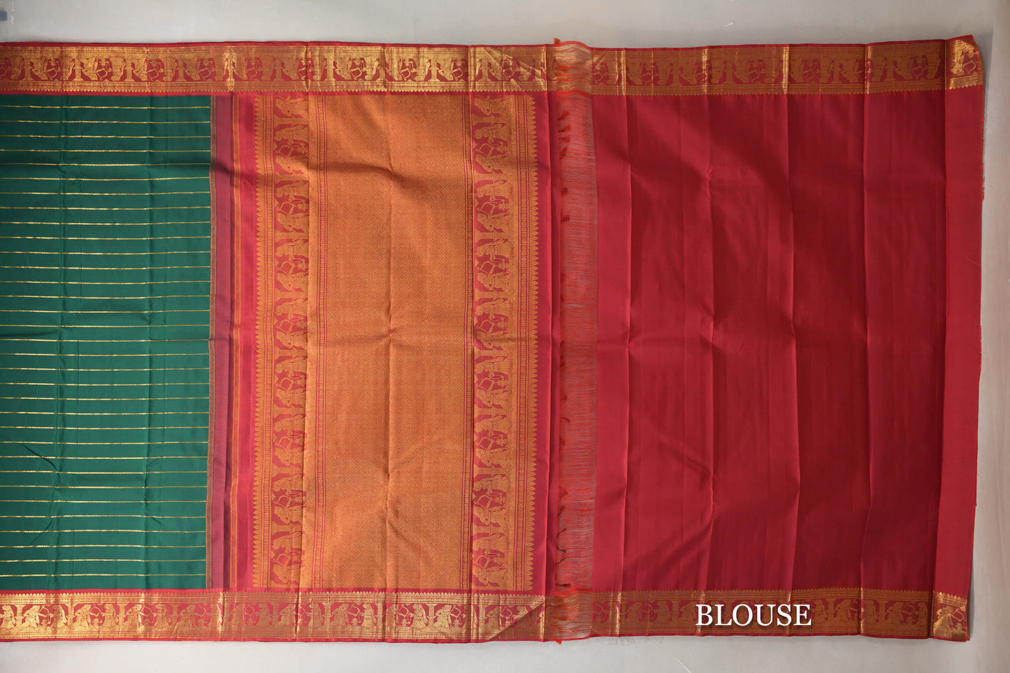 Deep Green with Crimson Red Vintage Kanjivaram Silk Saree blouse