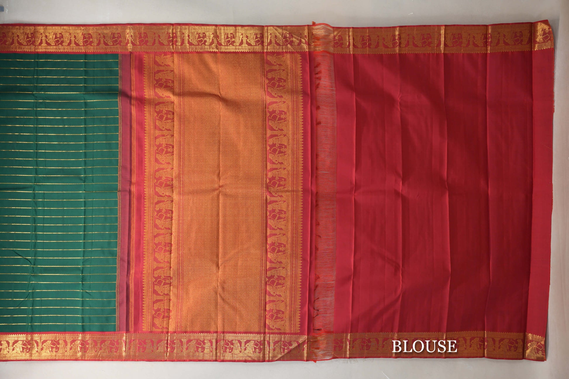 Deep Green with Crimson Red Vintage Kanjivaram Silk Saree blouse