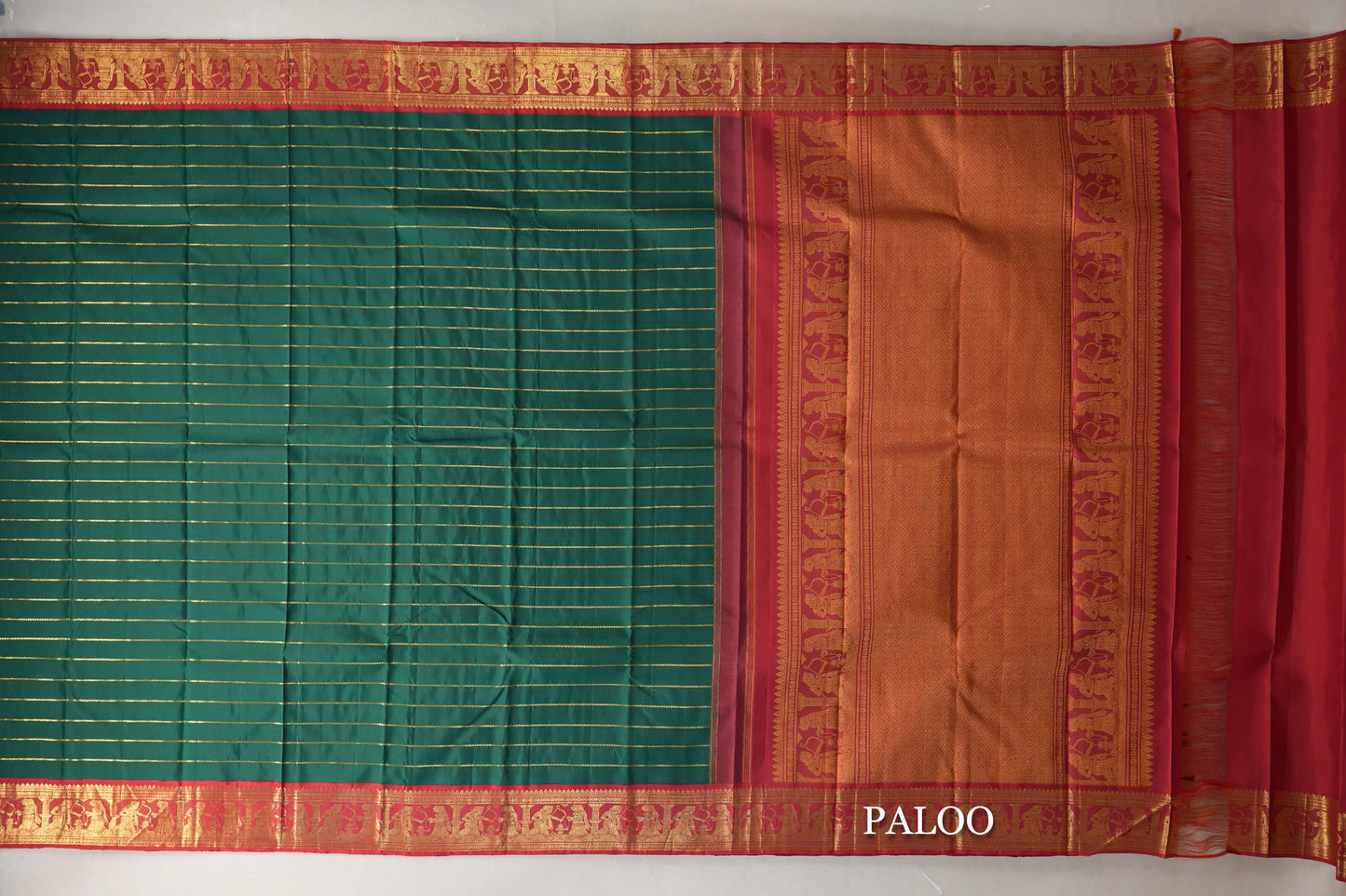 Deep Green with Crimson Red Vintage Kanjivaram Silk Saree paloo