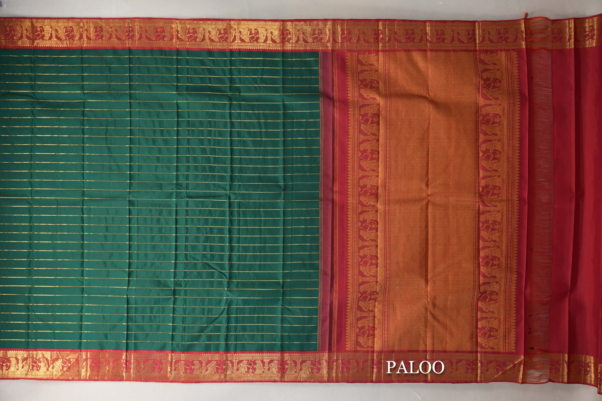 Deep Green with Crimson Red Vintage Kanjivaram Silk Saree paloo