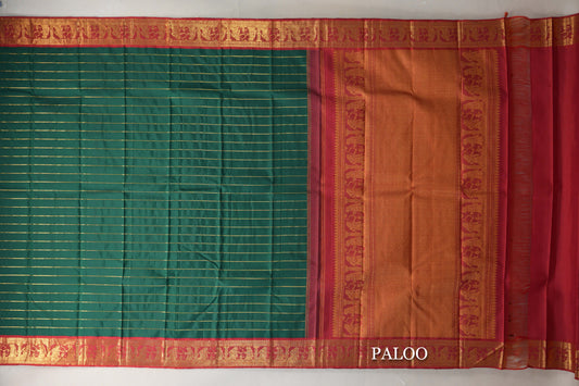 Deep Green with Crimson Red Vintage Kanjivaram Silk Saree paloo