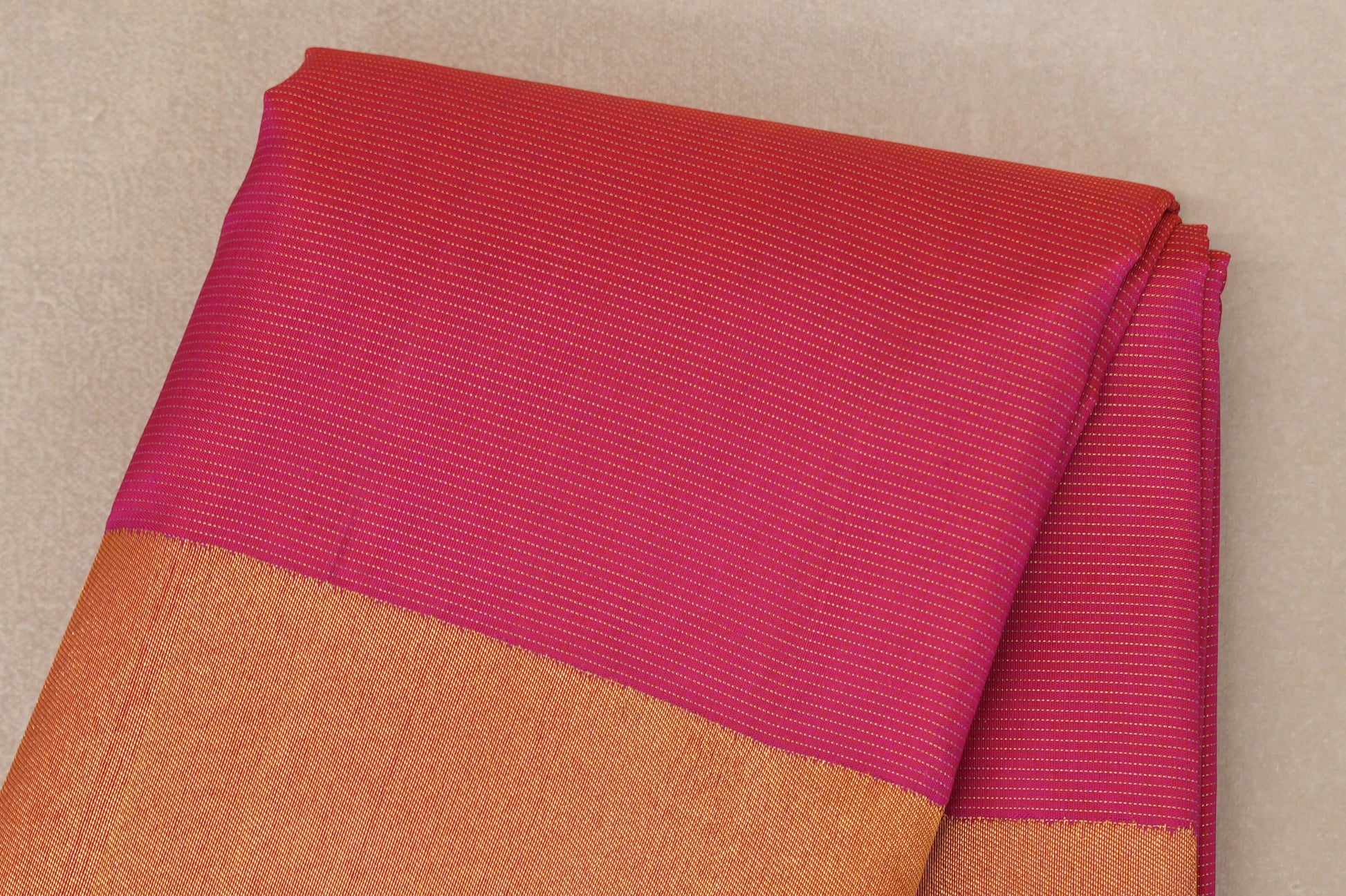 Orangish Pink Temple Borders Vintage Kanjivaram Silk Saree body zoom