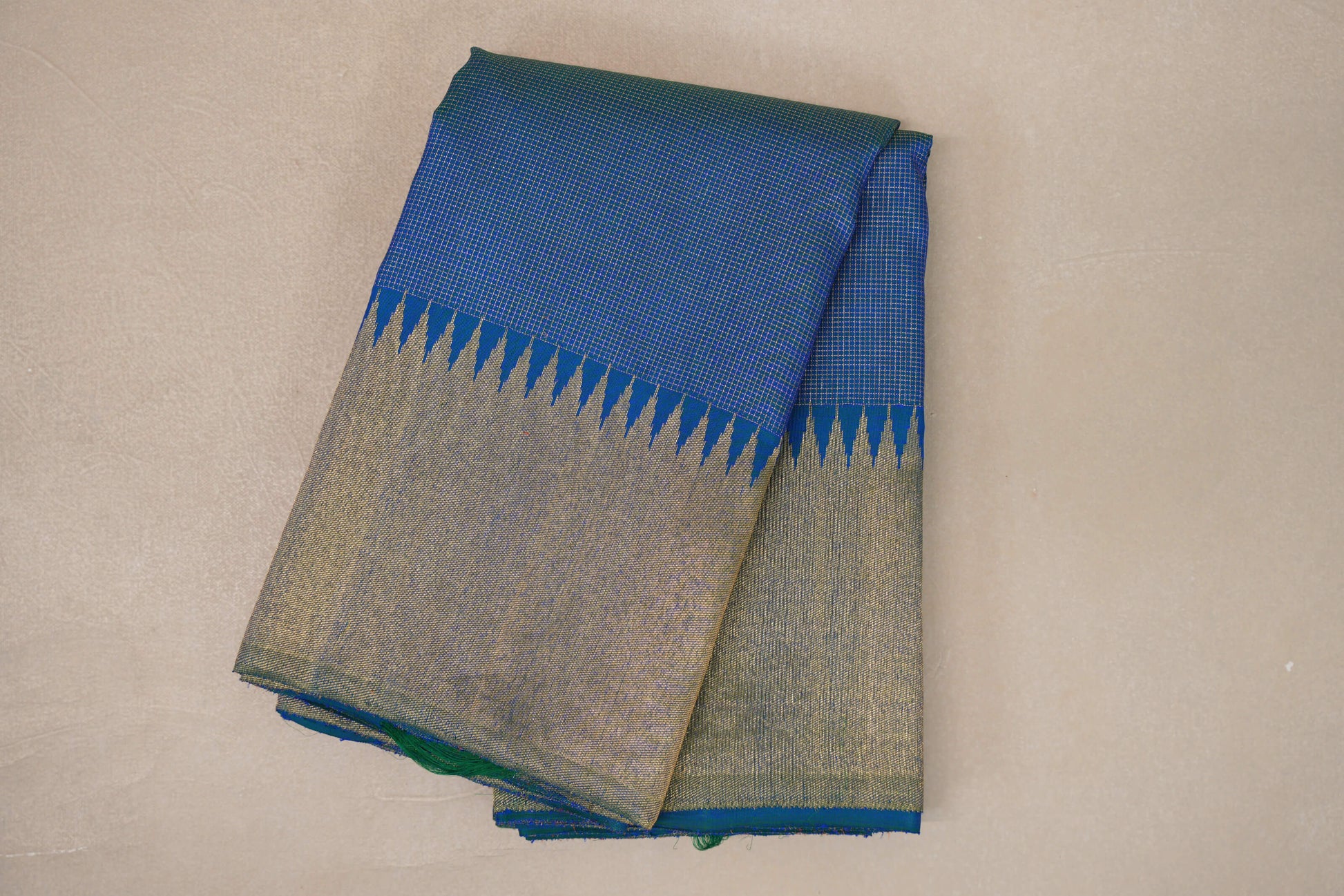 folded Dual Tone of Blue and Green Temple Borders Vintage Kanjivaram Silk Saree