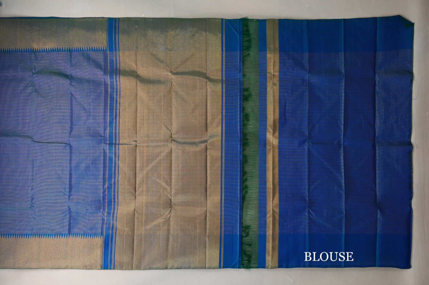 Dual Tone of Blue and Green Temple Borders Vintage Kanjivaram Silk Saree blouse