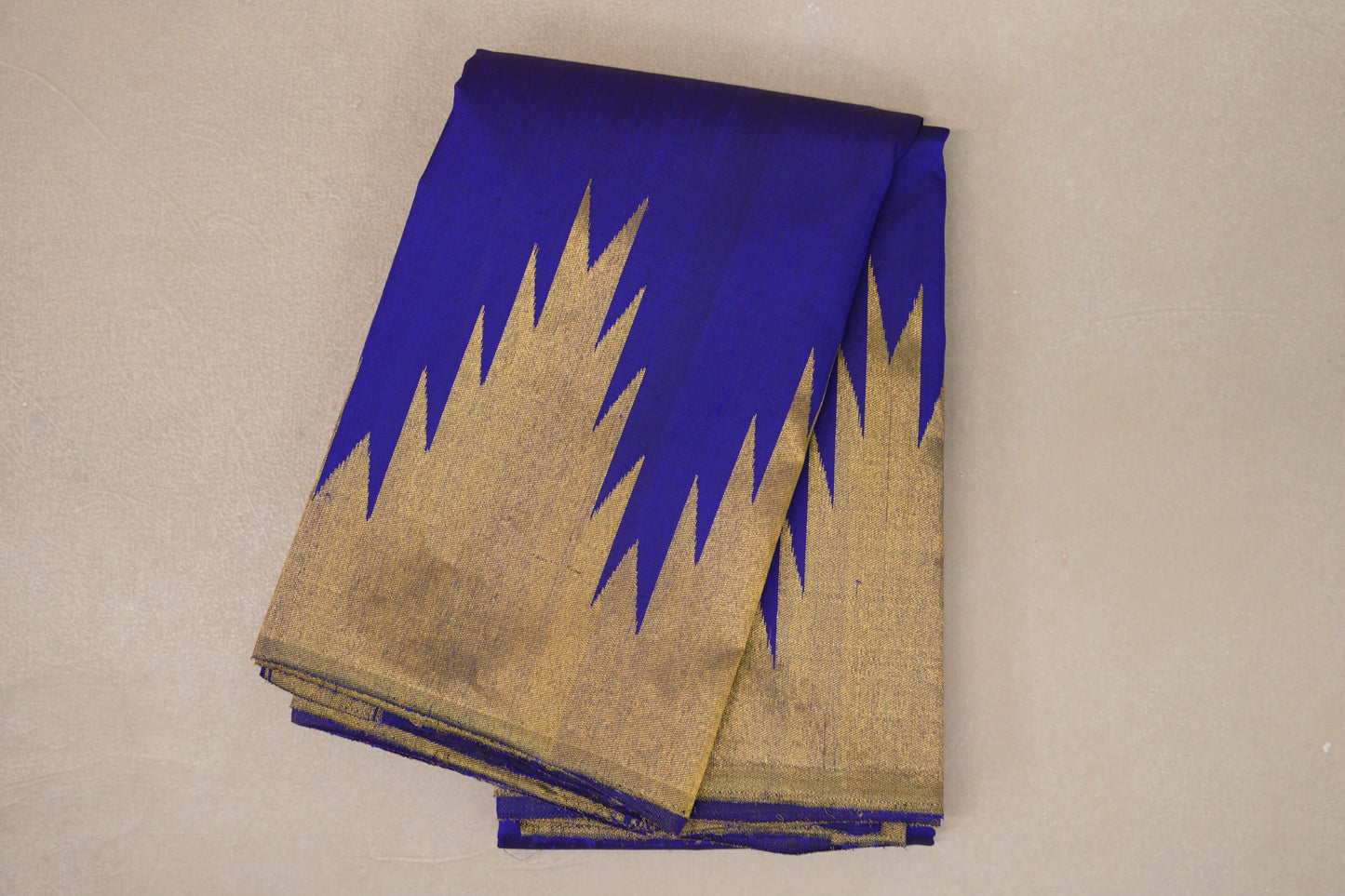 folded Deep Blue Violet Temple Borders Vintage Kanjivaram Silk Saree