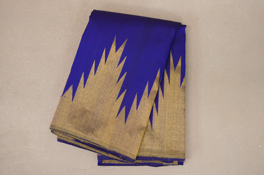 folded Deep Blue Violet Temple Borders Vintage Kanjivaram Silk Saree