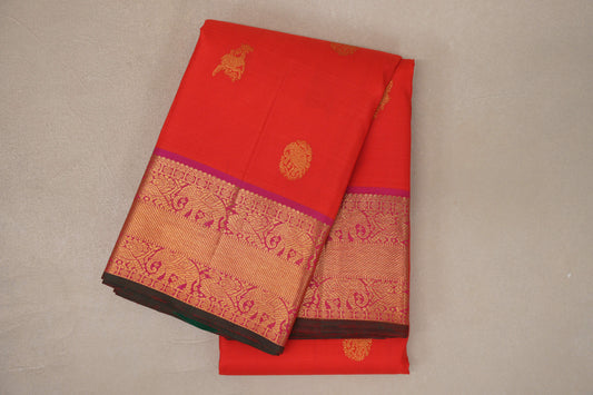 folded Orangish Red Kanjivaram Silk Saree