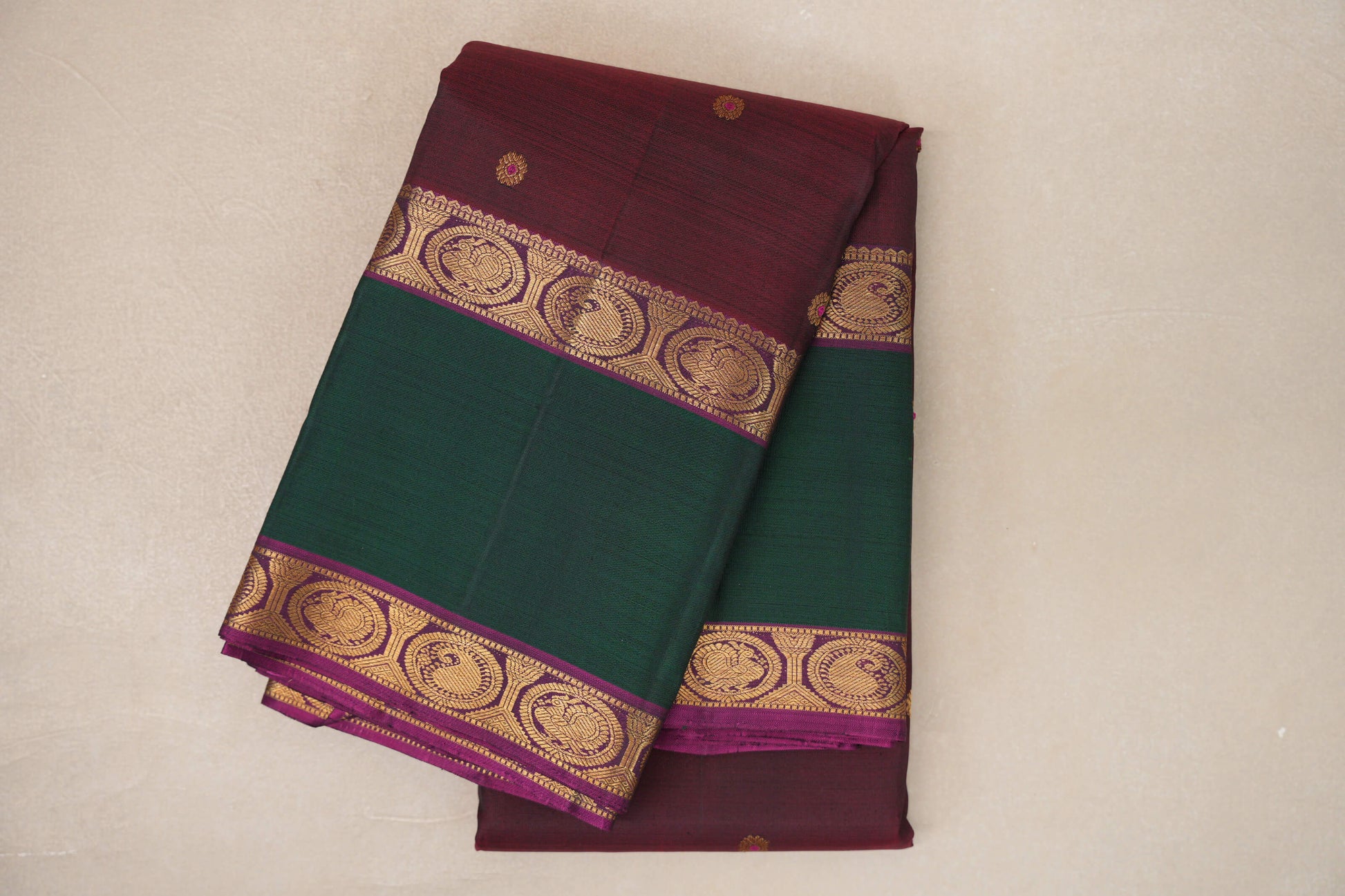 folded Deep Plum Vintage Kanjivaram Silk Saree 