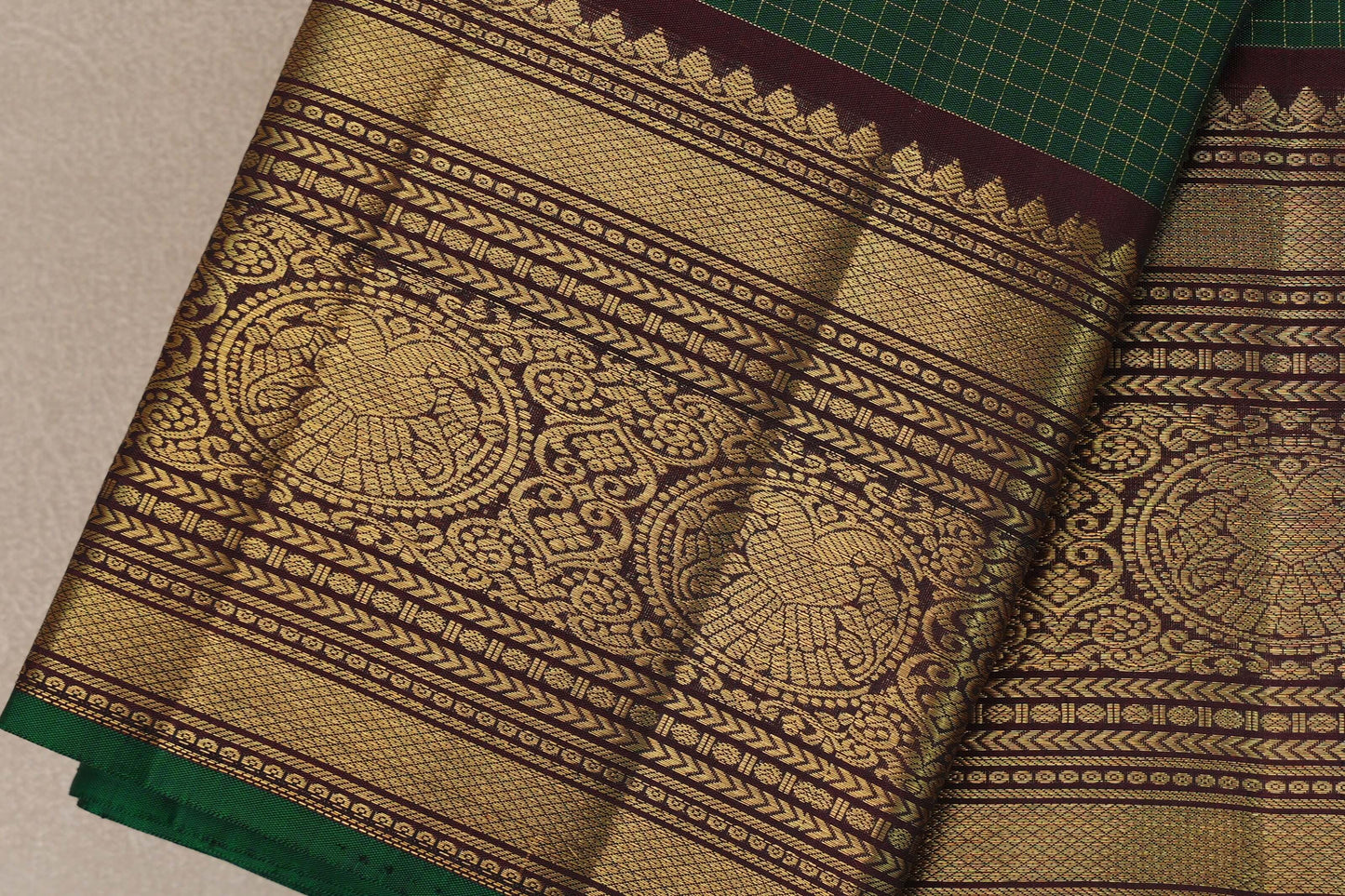 Emerald green with Kanchana brown borders Vintage Kanjivaram Silk Saree by Shreenivas Silks PSSR019541
