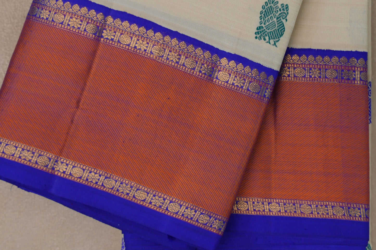 Cream with Royal Blue borders Vintage Kanjivaram Silk Saree by Shreenivas Silks PSSR019542