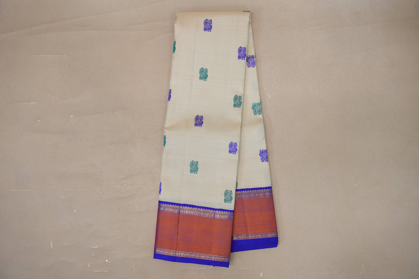 Cream with Royal Blue borders Vintage Kanjivaram Silk Saree by Shreenivas Silks PSSR019542