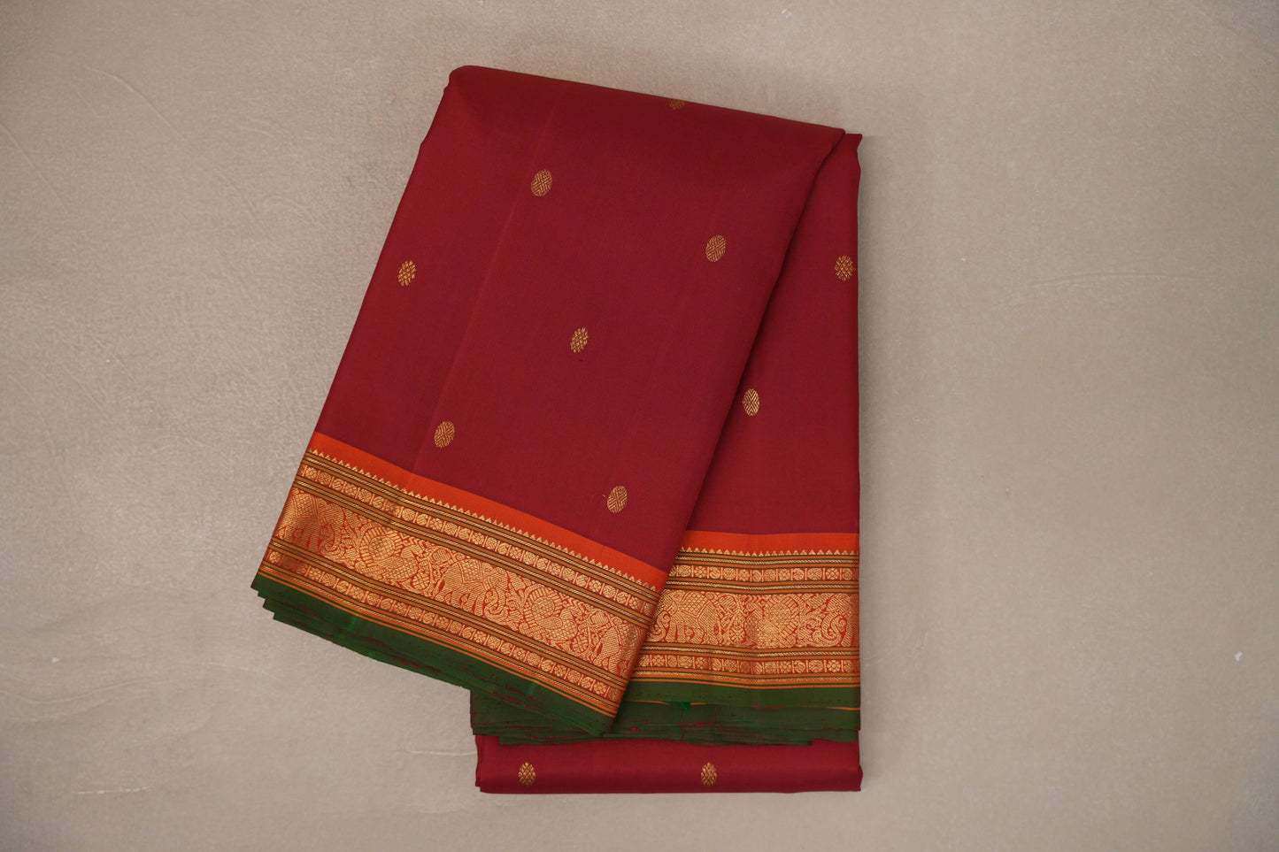 Reddish Maroon with bright orange borders Vintage Kanjivaram Silk Saree by Shreenivas Silks PSSR019546