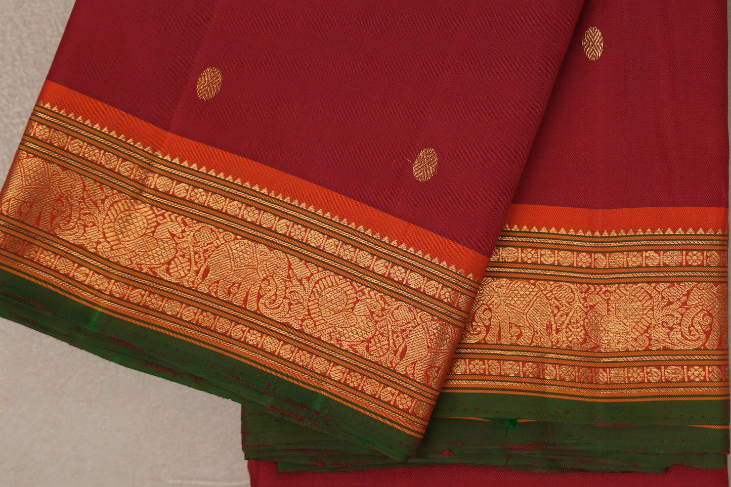 Reddish Maroon with bright orange borders Vintage Kanjivaram Silk Saree by Shreenivas Silks PSSR019546
