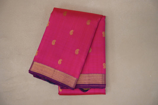 Orangish pink with Dual Tone of Classic Blue & Pink Vintage Kanjivaram Silk Saree by Shreenivas Silks PSSR019550