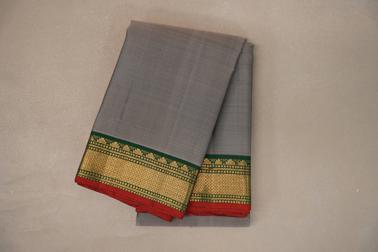 Grey with Leaf Green borders Vintage Kanjivaram Silk Saree by Shreenivas Silks PSSR019553