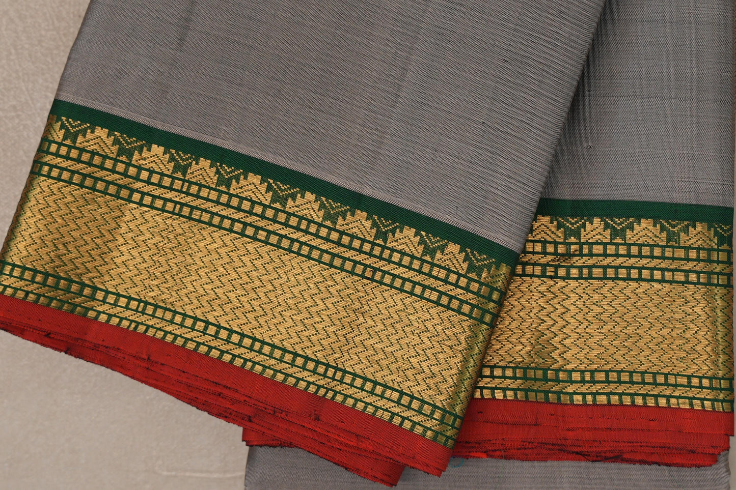 Grey with Leaf Green borders Vintage Kanjivaram Silk Saree by Shreenivas Silks PSSR019553